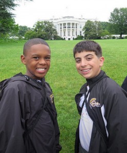 Sebastian Mason, left, and Nicholas Mansour arrive at the White House Wednesday to meet First Lady Michelle Obama